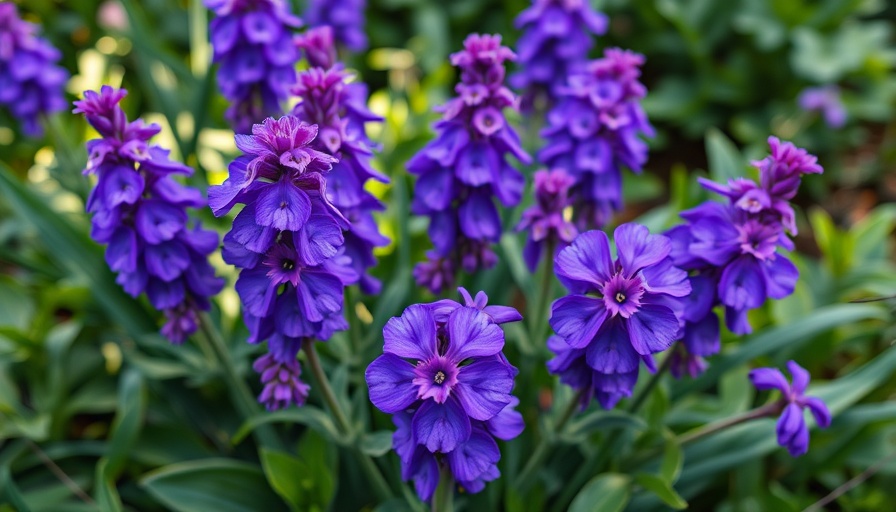 Vibrant purple perennials for shade in a lush green garden.