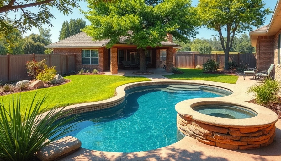 Beautifully landscaped backyard boosting curb appeal with pool and patio.
