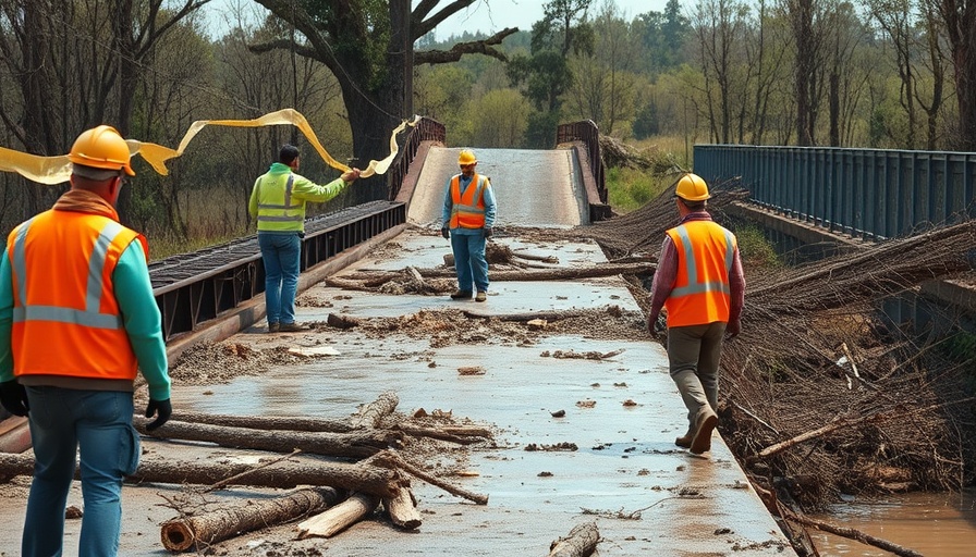 Construction workers assess Texas flood-damaged bridge.