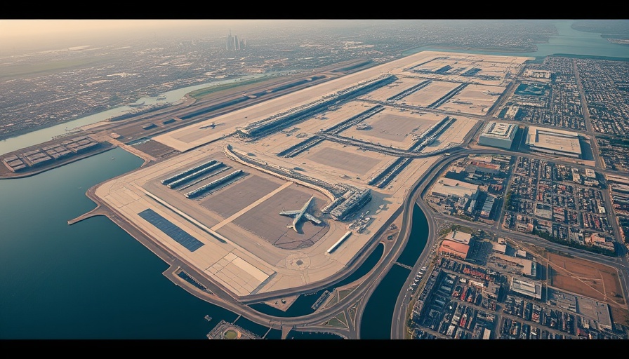 Aerial view of expansive airport layout, runways near waterfront.