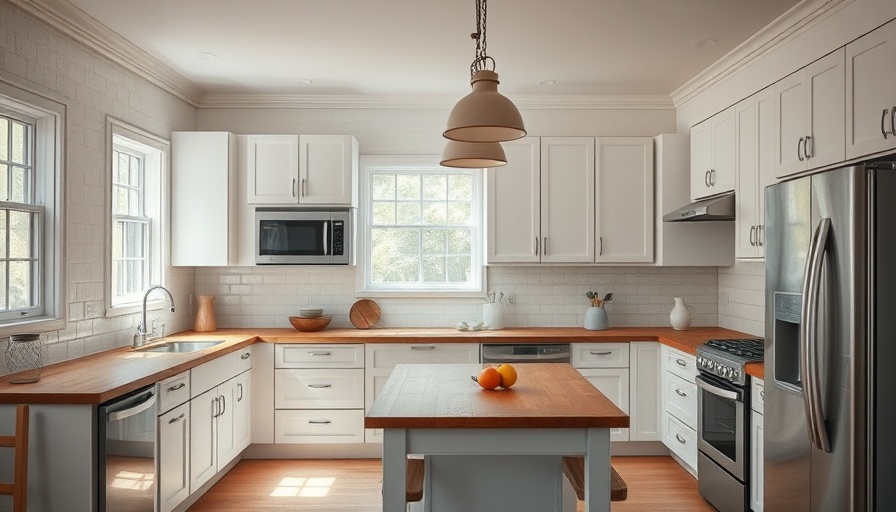 Dated kitchen with white cabinets, ready for a colorful kitchen cabinet makeover.
