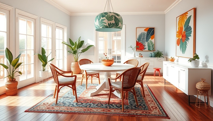 Bright dining room with colorful decor and ice cube carpet trick.