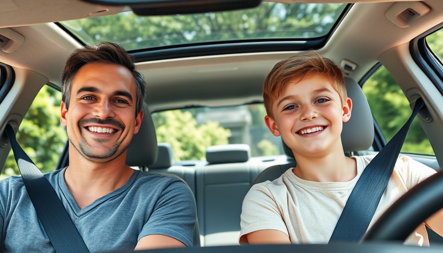 Adult and child safely seated in car, smiling, during daylight.