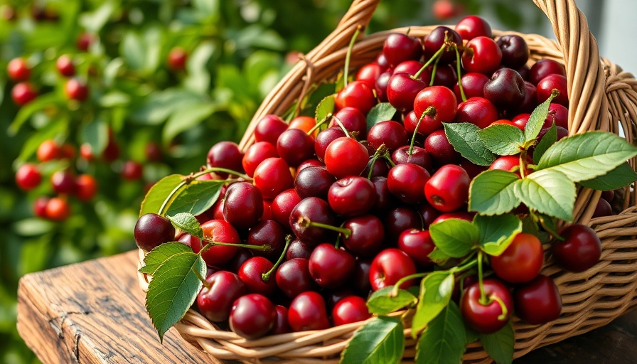 Plump red cherries in a basket on a wooden table for summer dessert recipes.