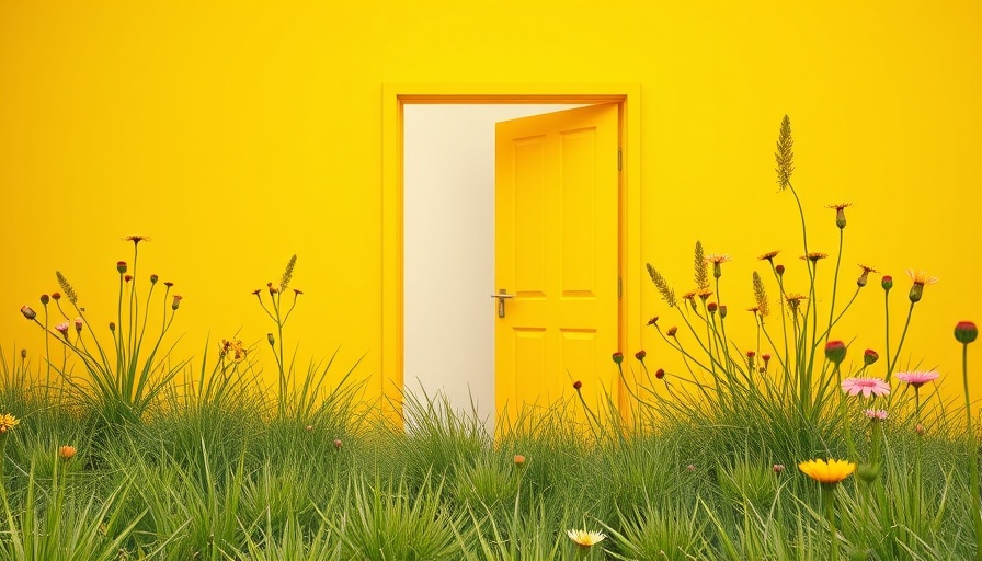 Outdoor view of open yellow door enhancing garden color