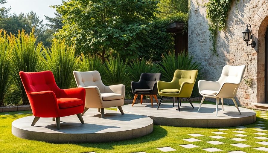 Circular design in furniture: vibrant chairs on outdoor platforms.