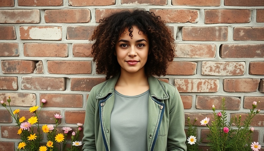 Young woman with curly hair standing against a brick wall surrounded by yellow flowers, floral design inspiration.