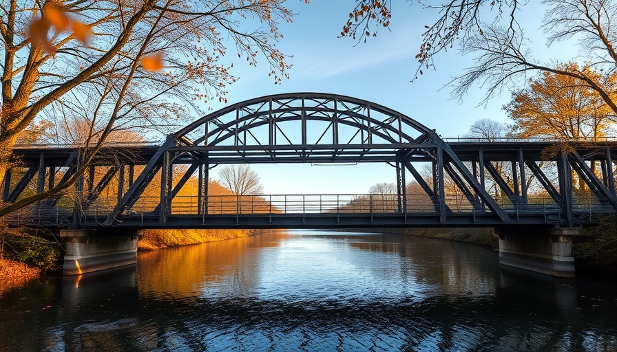 Rustic metal bridge over calm river in autumn landscape, blue sky.