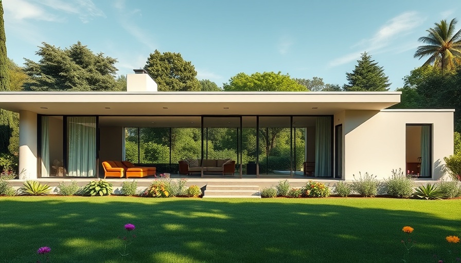 Elegant midcentury modern home exterior in a lush garden setting.