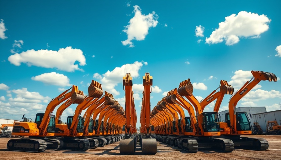 Symmetrical mini excavators under a blue sky.