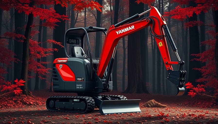 Yanmar ViO35-7 mini excavator displayed in front of dark forest.