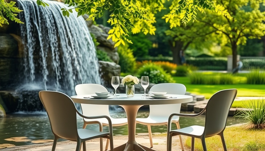 Elegant outdoor dining table by waterfall showcasing current home design trends.