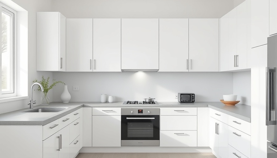 Minimalist kitchen before renovation with white cabinets and gray countertop.