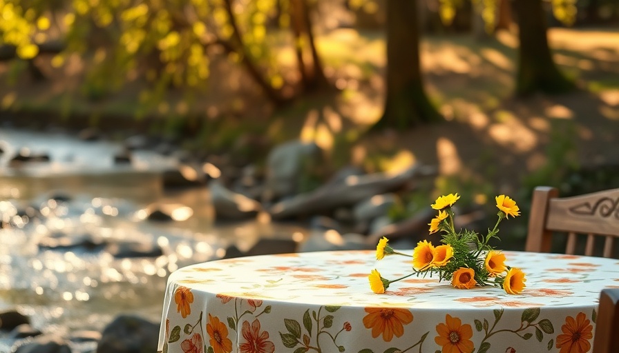 Outdoor summer table setting by a stream showcasing home trends.
