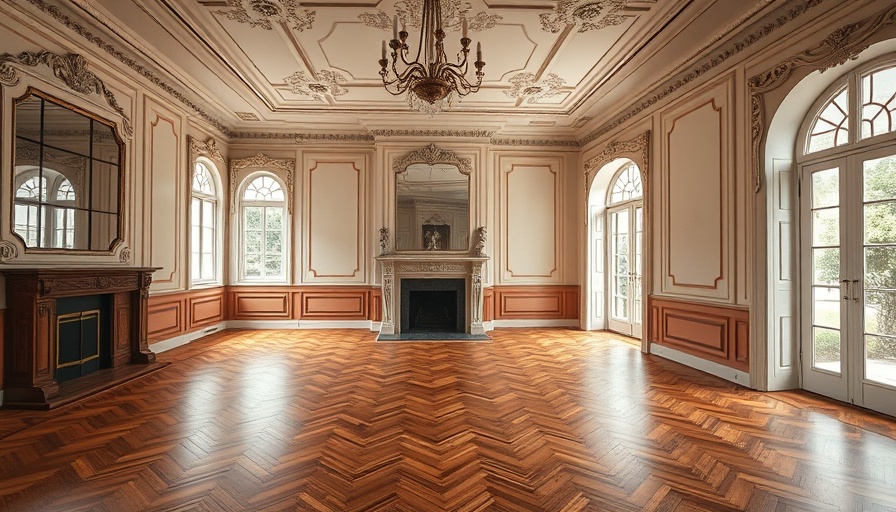 Empty elegant 1970s living room with wood floors and fireplace.