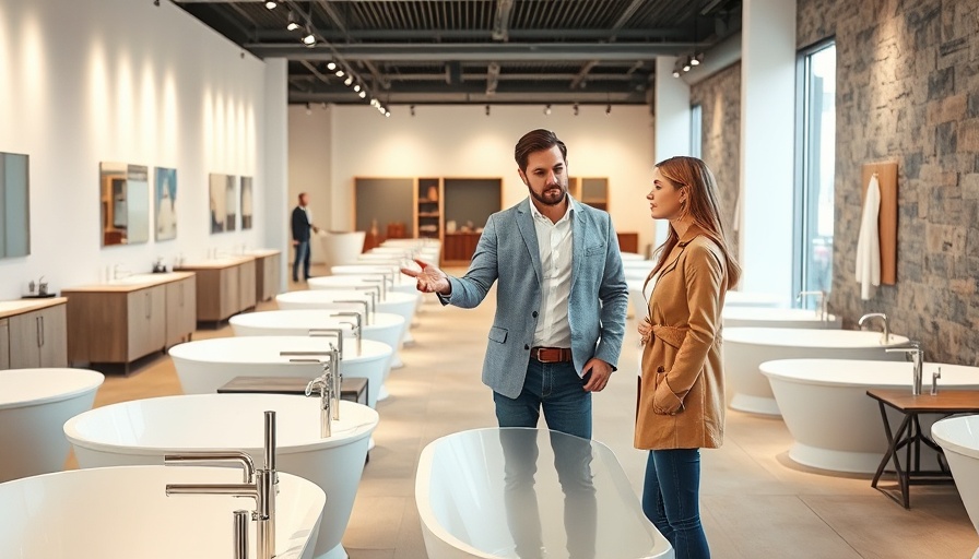Couple discussing options while buying a new bathtub in showroom.
