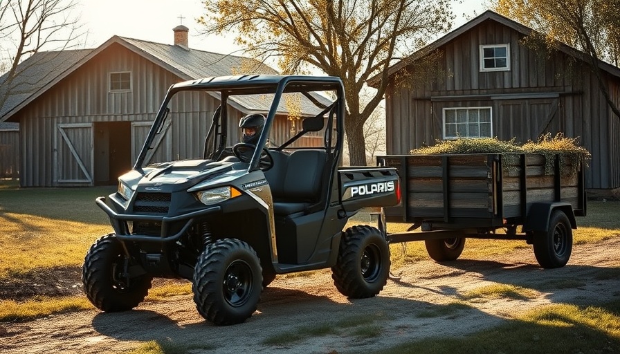 Polaris Ranger 500 UTV towing a trailer on a farm.