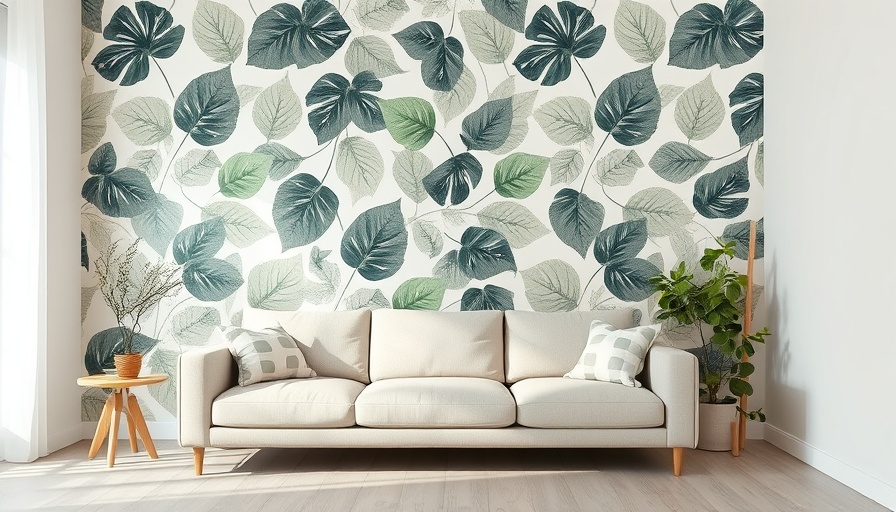 Minimalistic room with coastal wallpaper design, beige tones.