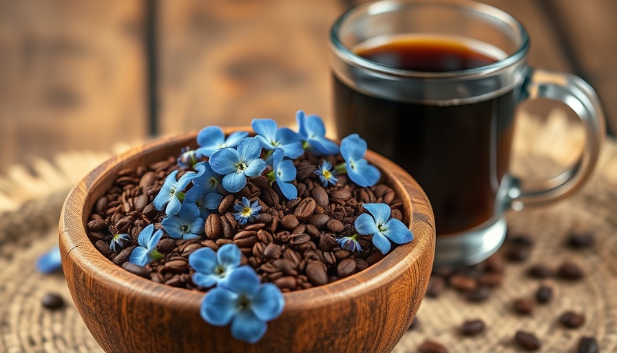 Cafe Du Monde chicory coffee with chicory flowers in wooden bowl.