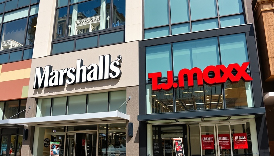 Retail storefronts of Marshalls and T.J. Maxx showcasing modern architecture.