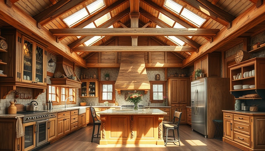 Warm, rustic kitchen in Maine home addition with wooden beams.