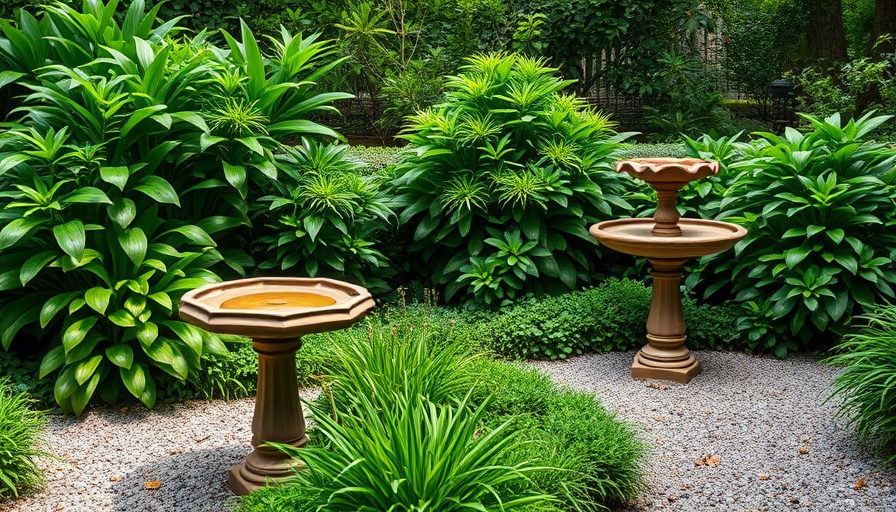 Garden with bird baths and maintenance tips focus