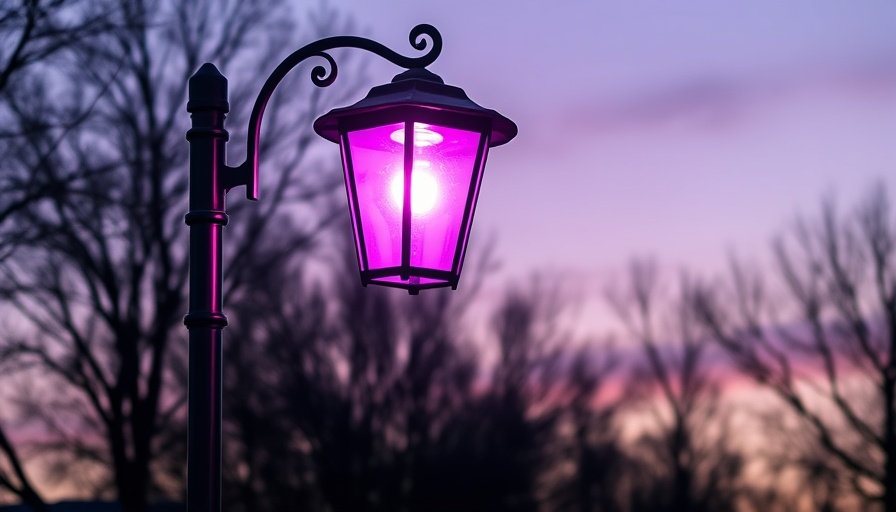 Purple street lights glowing in twilight next to tree silhouettes.