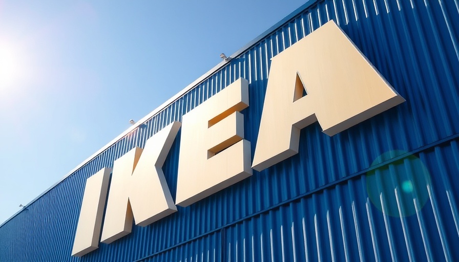 IKEA store exterior with large yellow sign against a blue sky.