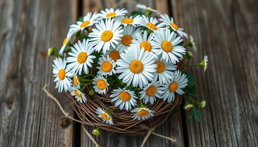White daisies and bird's nest on blue cloth, rustic outdoor setting.