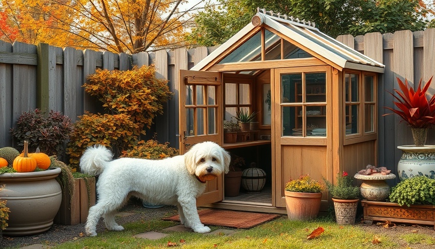 Mini greenhouse for backyard gardens with a fluffy white dog in autumn setting.