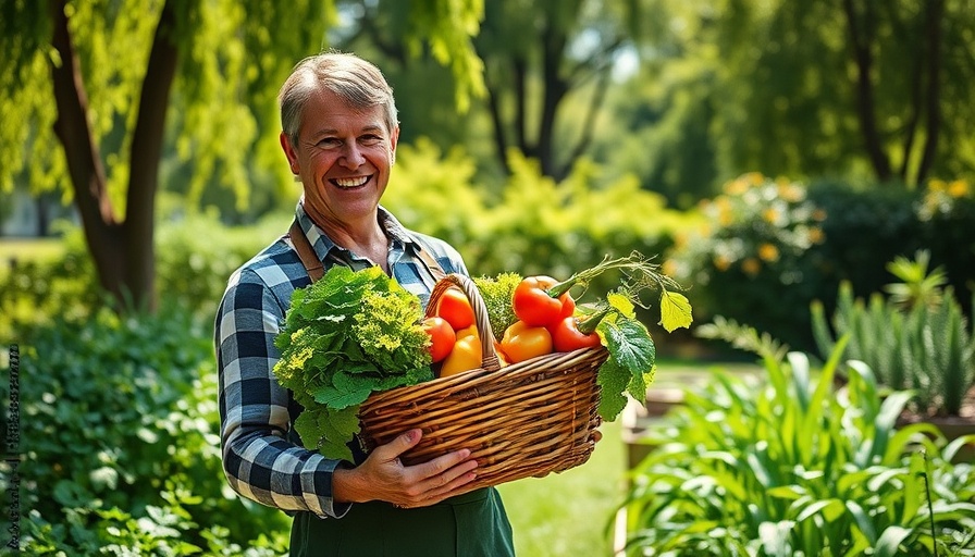 The Mocha Gardener smiling with a basket of fresh vegetables.