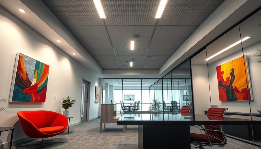 Modern office design with vibrant art pieces and open layout.