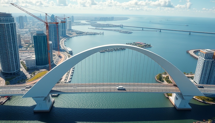 Miami new signature bridge construction, aerial view.