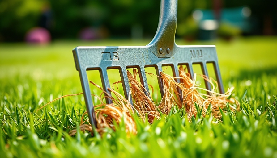 Close-up of a dethatching rake clearing a lawn, illustrating how to dethatch a lawn.