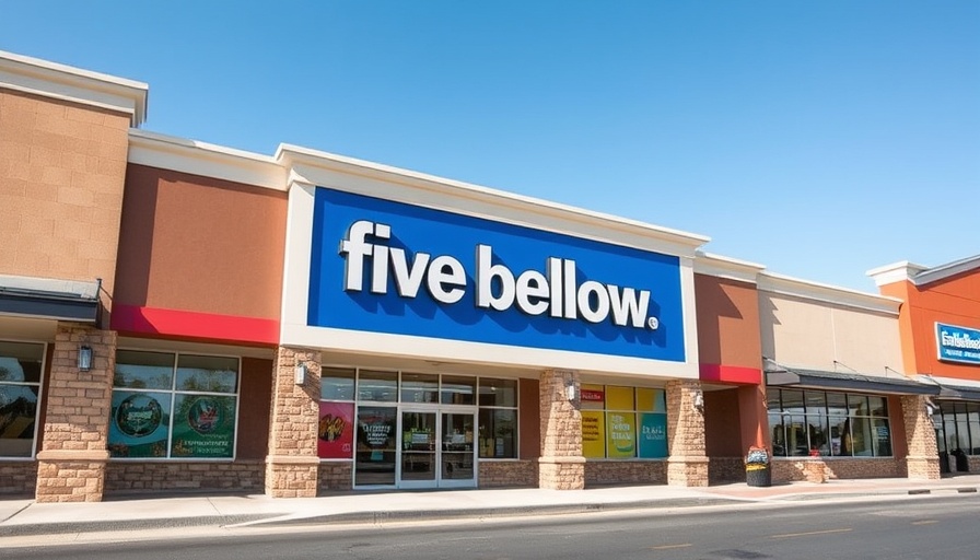 Five Below store front on a sunny day showing architectural details.