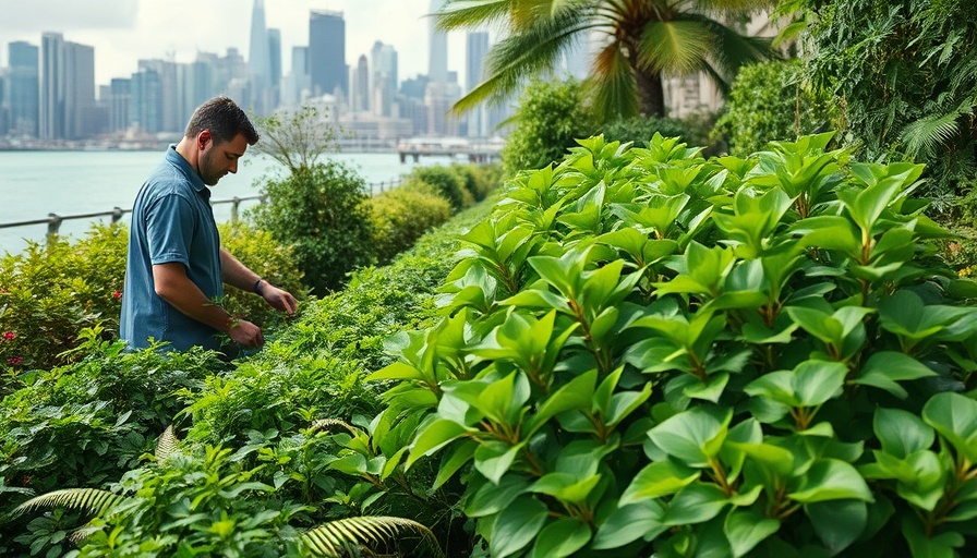 Urban gardener tending plants by waterfront, showcasing green manure benefits.