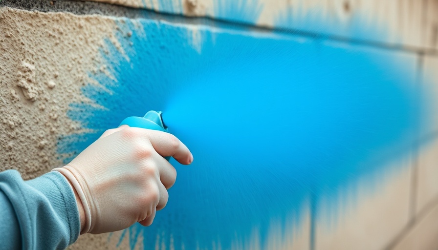 Close-up of hand spray painting a wall with blue paint, vibrant effect.