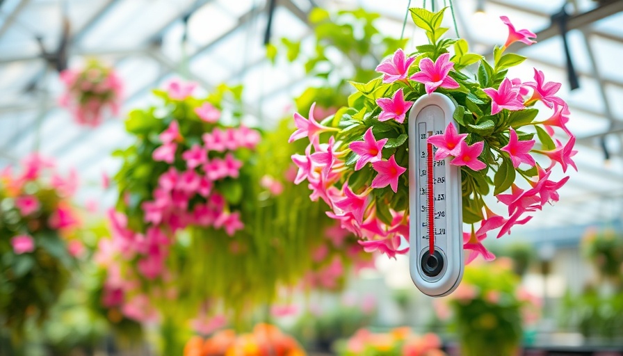 Indoor greenhouse thermometer amidst colorful plants, how to heat a greenhouse.