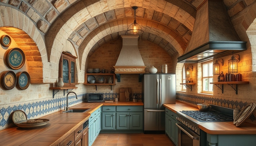 Villa Colucci restoration kitchen with stone arches and modern design.
