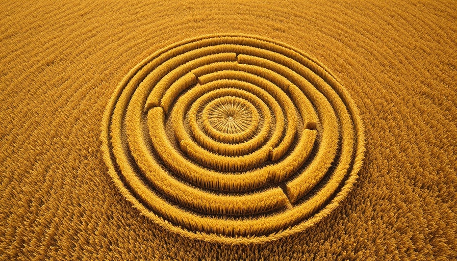 Intricate crop circles in wheat field showcasing complex patterns.