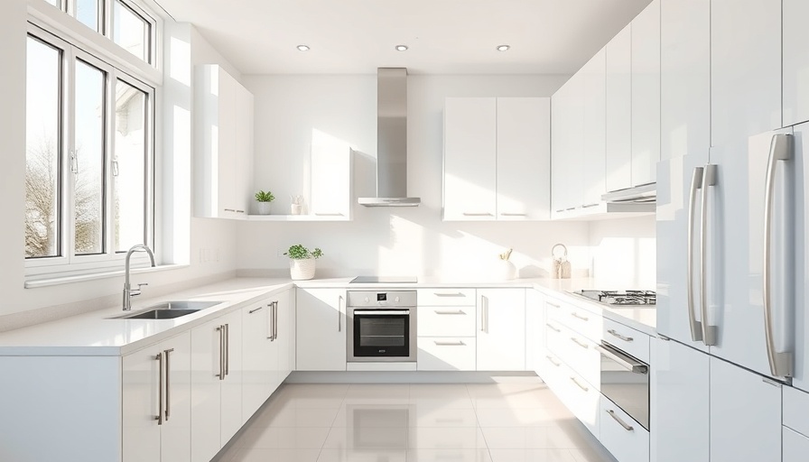 Modern kitchen with white cabinets and ample sunlight.