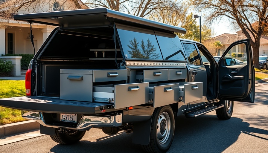 Truck with decked truck bed drawers open for storage.