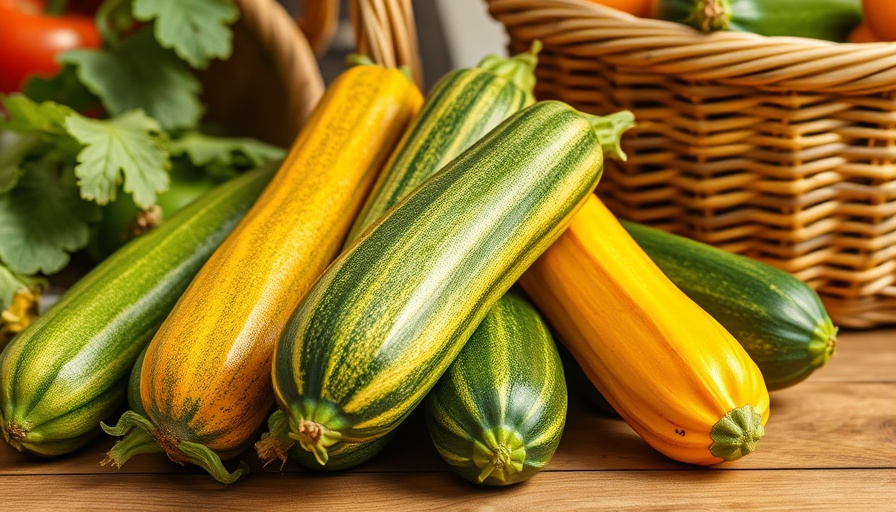 Vibrant zucchinis next to a basket on wooden table - Zucchini cooking tips and gardening advice.