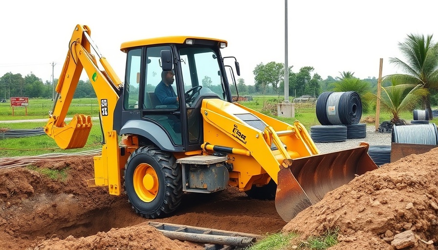 Backhoe loader digging trench at construction site, lush greenery.