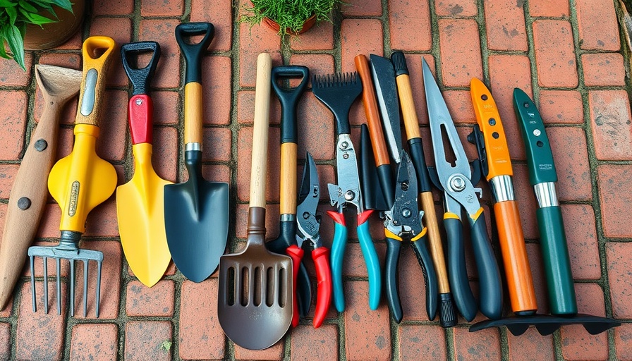 Essential gardening tools for homeowners displayed on brick pavement, vibrant and detailed.