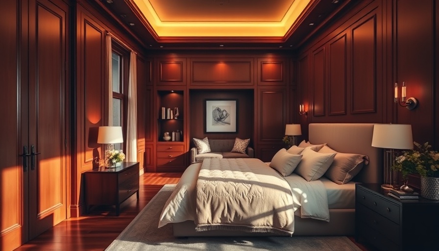 Stylish bedroom in Glidden warm mahogany color with elegant decor.