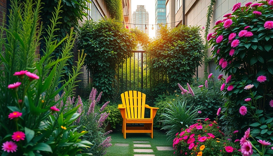 Urban Gardening Tips for Homeowners: Lush garden with flowers and a yellow chair.
