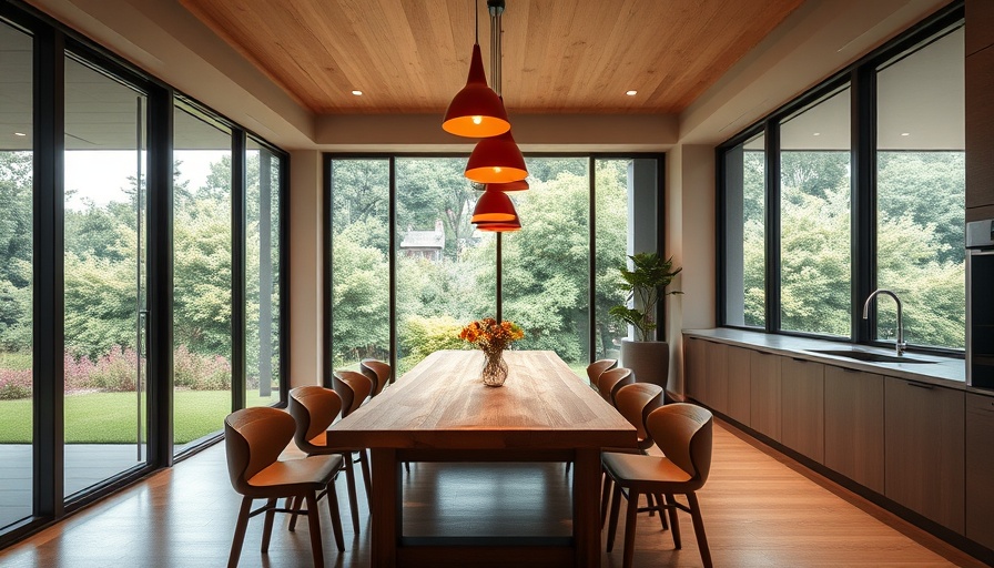 Modern lakeside retreat kitchen with large windows and stylish lighting