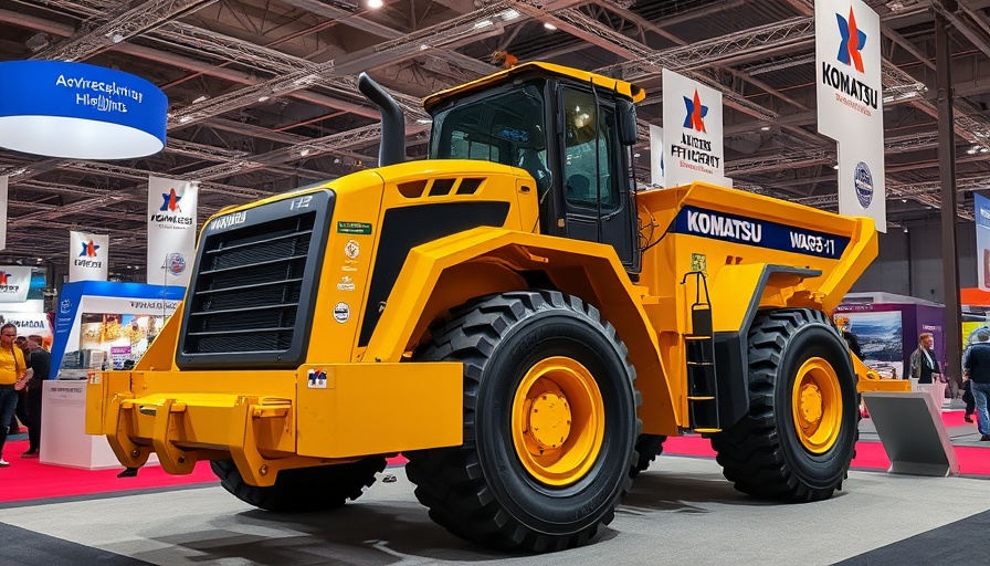 Komatsu WA485-11 Wheel Loader at a trade show highlighting fuel efficiency.