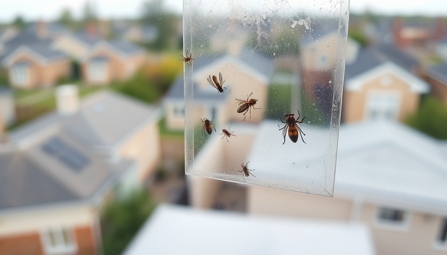 Window fly trap with trapped insects and award emblem.
